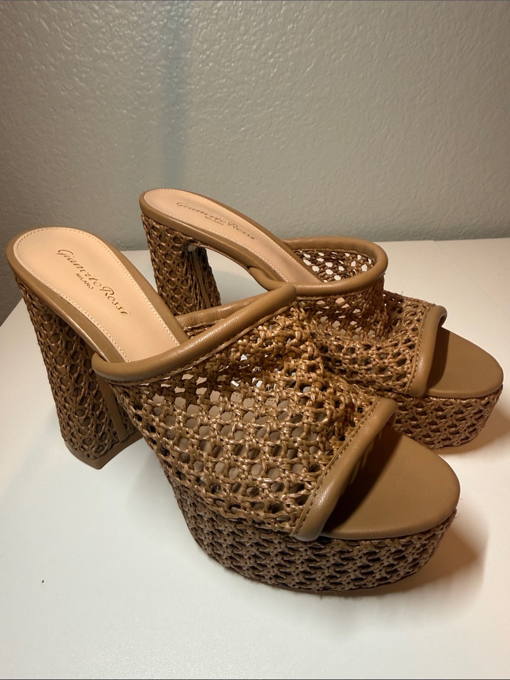 Gianvito Rossi Tan Woven Slide Mules with Leather Trim